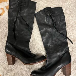Coach Black Leather Tall Boots with Wooden Heel